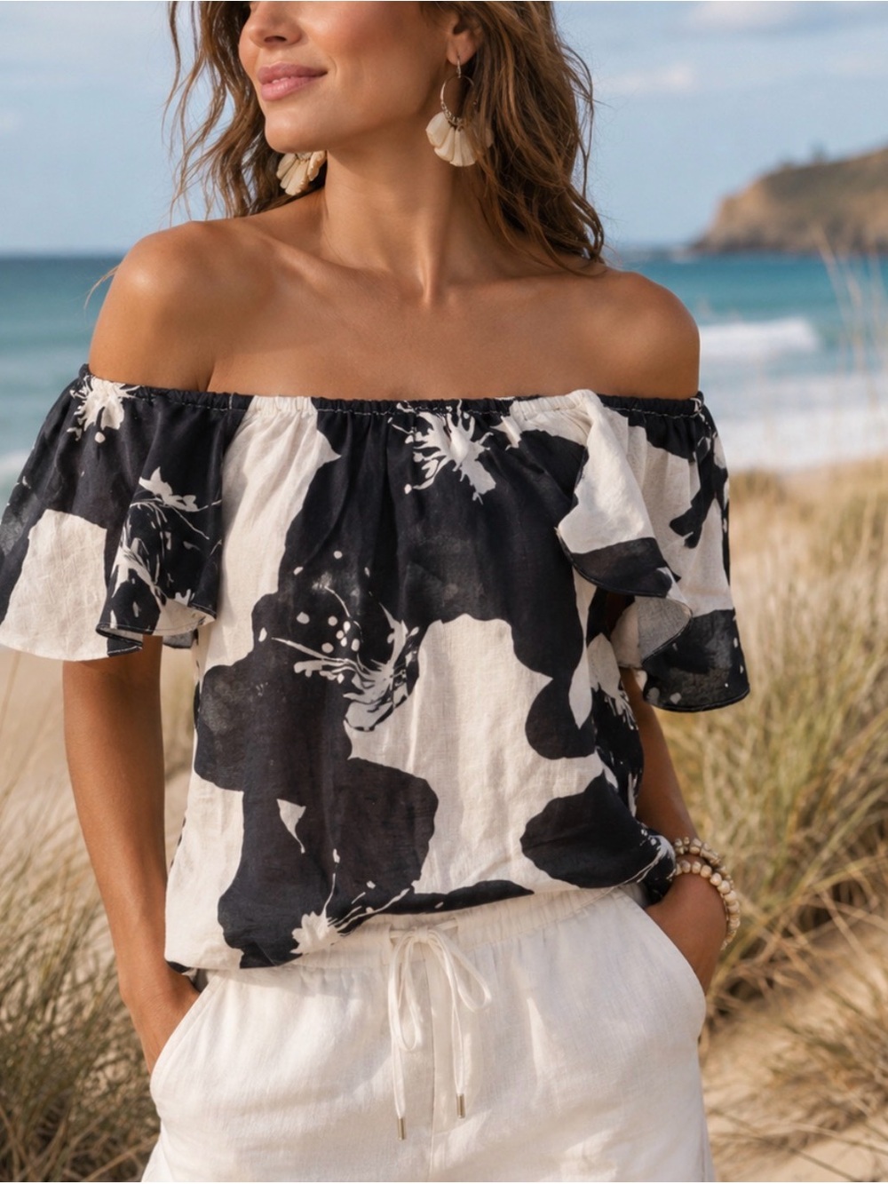 NWT Something Navy Floral Black & White Tunic Linen/Cotton Blend